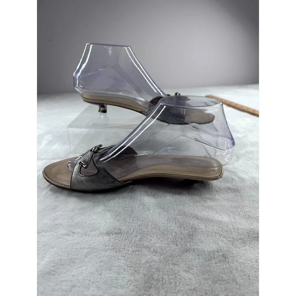 Tod's Heel Sandals Women 38 Silver Metallic Pewter Leather Bow Slip-On Comfort‎